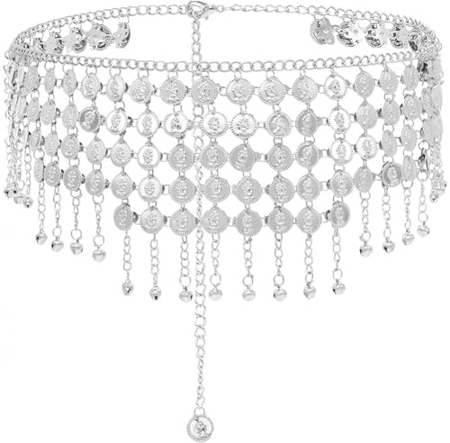 GORGECRAFT Cadena de Plata con Forma de Moneda para la Cintura Cadena para Danza Del Vientre Colgante para Cinturón de Cadera Cadena con Borlas En Capas Accesorio para Disfraz de Halloween Playa Veran