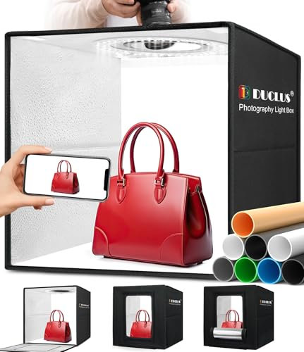 DUCLUS Studio Photo 40 x 40 cm, 18W Améliorée, Kit de Box Photo Règlable avec 160 LEDs 5500K et Interface Type C, 8 Arrière Plans Photo pour la Photographie de Produits