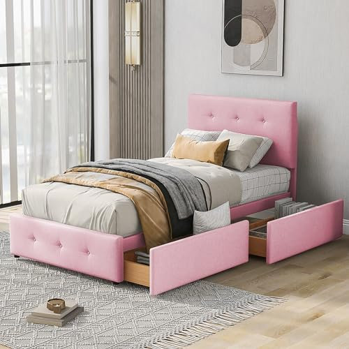 SUKY Polsterbett 90 x 200 cm Bett mit Lattenrost, hautfreundlicher Samtstoff flaches Einzelbett Kinderbett Jugendbett Gästebett, Rückenlehne und Zwei Schubladen (Rosa)