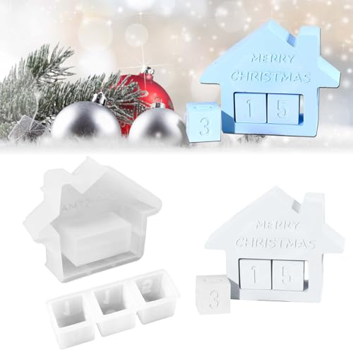 Lot de 2 moules en silicone Treabear de Noël - Compte à rebours de Noël - Bougeoir en silicone - Moule en silicone - Maison de Noël - Moules en plâtre à verser pour calendrier