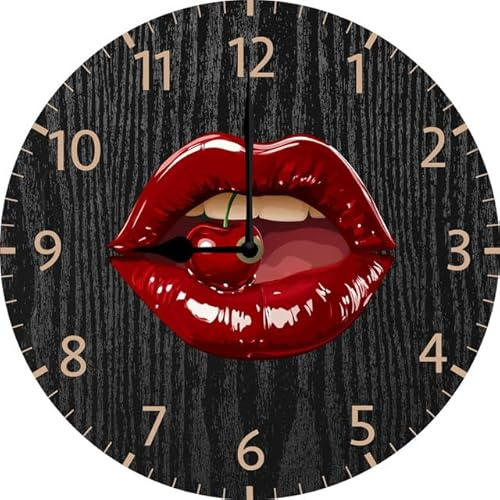 Geroclonup Sexy Red Lip Wall Clock Funny Biting Lip Decor 25cm Silent Non Ticking Battery Operated Clock Vintage Round Clock for Living Room Bedroom Bathroom Office Decor