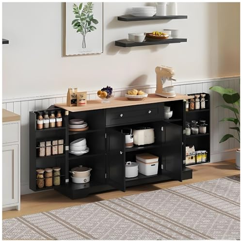 Wyibwy Buffet de cocina multifuncional, 138 x 40 x 85 cm, con cajones, puertas y estantes ajustables con protección antivuelco, aparador, armarios de cocina, negro+madera