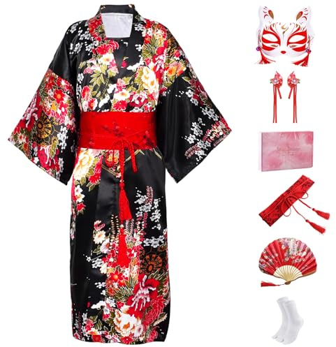 CRFASIBE Kimono Giapponese Stile per Ragazza, Vestito Tradizionale Yukata con Accessori per Cosplay, Festival e Feste a Tema (Nero,130cm)