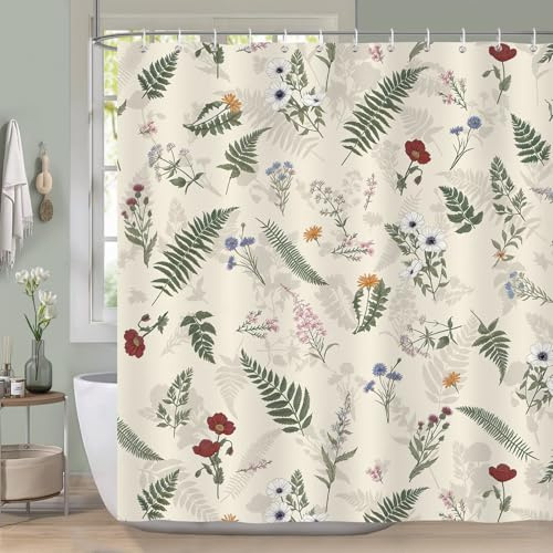 COZZSNUGE Tenda Doccia Fiori Foglie, Tenda da Bagno Vintage Fiore Foglia di Felce Natura Boho 183 x 183 cm Poliestere Impermeabile Antimuffa 12 Ganci