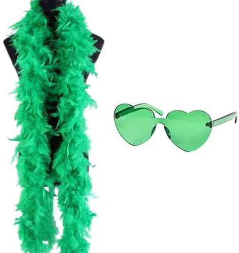 Boa en plumes colorées de 1,8 m avec lunettes de soleil en forme de cœur, écharpe délicate, plumes de dinde pour fête, Noël, spectacles de danse, mariages et carnaval - Vert