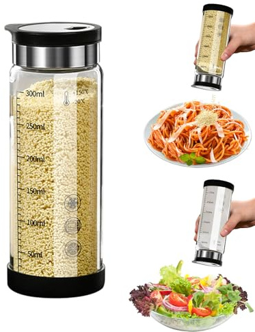 Upgrade Salt and Pepper shaker set of 2, salt shakers for kitchen,High Borosilicate Glass, Stainless Steel Lids,Silicone Inner Cover Easy Adjustable Coarseness (black, 300ml)
