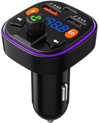 Trasmettitore Fm Bluetooth Auto,adattatore Radio, Adattatori Chiamata Vivavoce Car, mp3 lettore musicale per auto, 2 USB Port 5V/3A, Ricarica Rapida PD 20W, Tipo-C e QC3.0, Supporto TF Card/Chiavetta