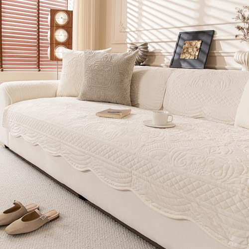 KaviKon Couch Arm Covers, Velvet Fleece Vintage Couch Covers for Sofa, Anti-Slip Armchair Sofa Slipcovers Furniture, Armrest Pads, Pet Friendly Couch Protector for Dogs Washable (1PC, White, 28X28)