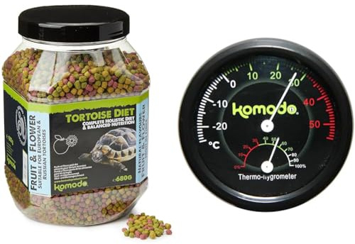 Komodo Tortoise Care Bundle – Complete Holistic Tortoise Diet Fruit & Flower 680g + Combined Thermometer & Hygrometer, Analog Black (0.04kg)