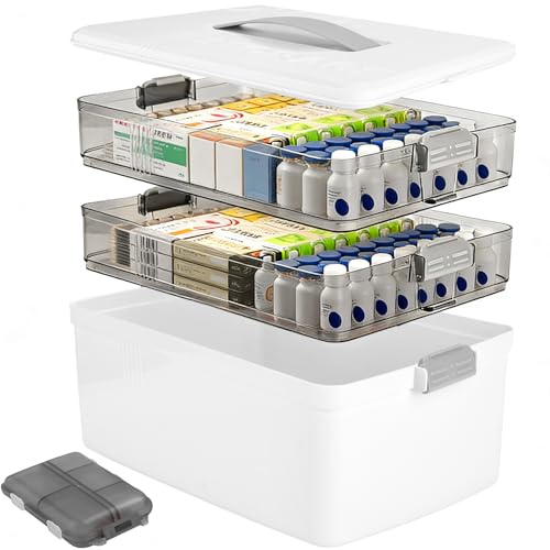 BBWELL 3-Stöckige Medikamenten Aufbewahrung,Kunststoff Hausapotheke Box mit kleiner Pillendose,Hausapotheke Box mit Tragegriff,Griff und Abnehmbaren Tablett für Familie,Büro,Schule und Reise