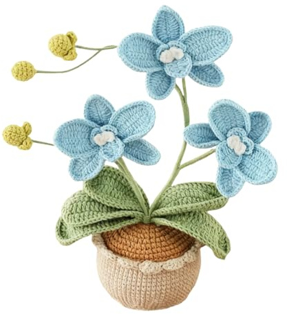 Magicherry Fiori di orchidea all'uncinetto in vaso, fatti a mano, fiori artificiali a 3 teste Phalaenopsis con squisito vaso per regali di Natale, compleanno, laurea, blu