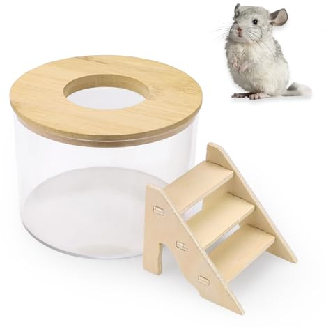 ASTIMESA Plastic Hamster Sand Bath Container with Ladder, Clear Hamster Litter Box Tub Wood Cover for Chinchilla Pet Gerbil Guinea Pig Digging Small Animal House Rectangle