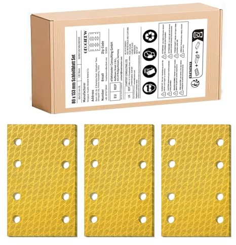 GEOGIEEW Juego de 120 Hojas de Lija 133x80mm, Grano P60/80/120/180/240/320, 8 Agujeros, Lijas para Lijadora Orbital y Madera Pared