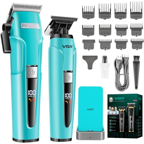 VGR 694 S2 Haarschneidemaschine Set Profi für Männer mit Keramikklingen | Kabelloses friseur set mit Magnetische Ladestation, Haarschneider Herren und Trimmer Kit mit LED Display, Grün