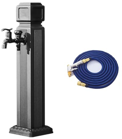 Colonna d'acqua verticale da giardino per esterni con tubo flessibile estensibile da 15 m, idrante indipendente con doppio rubinetto in ottone 2 in 1, distributore d'acqua decorativo