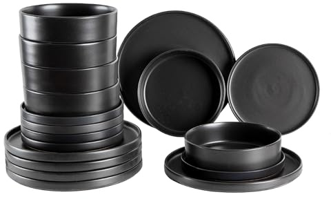Set 18 Piatti in Porcellana Colorati Servizio Tavola Moderno 6 Persone Piatti Piani Ø27 cm, Fondi Ø20 cm e Dessert Ø19 cm Lavastoviglie e Microonde Certificati per Contatto Alimentare - Nero