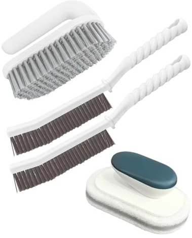 Angootao Upgraded 4Pcs Bathroom Cleaning Scrub Brush Set for Household Use | Equipped with Crevice Brushes & Shower Sponge Brush, ideal for tile, grout, tub, floor, kitchen and carpet cleaning