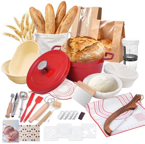 Sauerteig Brot Bakset mit hochwertigem Gusseisentopf | Emaille-Topf mit Brotbackzubehör, Sauerteig Zubehör,Brotbackset, Gärkörbchen für Hobbybäcker und Sauerteig Brot Liebhaber