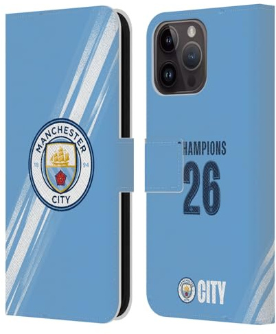 Head Case Designs Licenza Ufficiale Manchester City Man City FC Kit Home 2026 Coppa Campioni Custodia Portafoglio in Pelle Compatibile con Apple iPhone 15 PRO Max