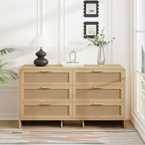 Muskel Elegante cómoda de ratán de 130 cm con 6 cajones, diseño curvado para esquinas pequeñas, crea espacio de almacenamiento decorativo para salón, dormitorio o pasillo