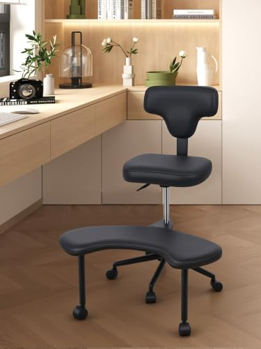 Snabcibs Schneidersitzstuhl mit Rädern, Vielseitiger Kniestuhl mit Rückenlehne, 360° drehbar, höhenverstellbar, für Homeoffice, Yoga & Meditation, Kunstleder Schwarz