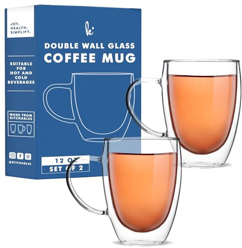 Kitchables Coffee Mugs Drinking Glasses Set of 2 with Handle, 12oz Double Walled Thermo Insulated Cups for Tea Latte Cappuccino Espresso, 12 Ounce
