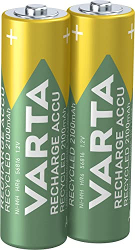 VARTA Piles rechargeables AA, lot de 2, Recharge Accu Recycled, 2100 mAh Ni-MH, fabriquées avec 21% de matériaux recyclés, préchargées, prêtes à l'emploi