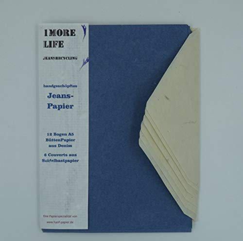 paperfreak: Jeanspapier aus recycelten Jeans handgeschöpft A5 Set mit 12 Bogen + 6 Couverts aus Seidelbastpapier Schreibpapier Briefpapier Druckerpapier - denim paper