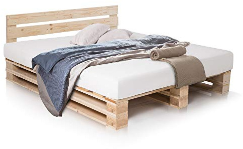 PALETTI Palettenbett inklusive Kopfteil Massivholzbett Holzbett Bett aus Paletten mit 11 Leisten, Palettenmöbel, 180 x 200 cm, Fichte Natur