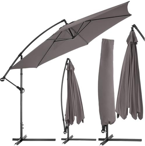tectake® Garden Cantilever Parasol, Ø 350 cm Diameter with Adjustable Tilt, Enhanced Stability with Wind Holes, UV-Protection, Incl. Protective Cover, Ideal for Garden, Terrace, and Balcony - Grey