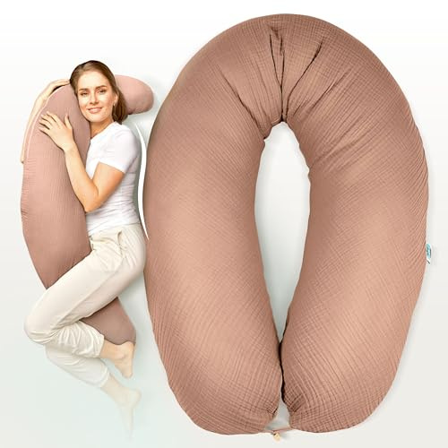 sei Design XXL Stillkissen 190x35 mit Musselin-Bezug ergonomisch. Schwangerschaftskissen Seitenschläferkissen Komfortkissen für Erwachsene. Stillkissenbezug aus 100% Baumwolle [ Bio-Baumwolle ]