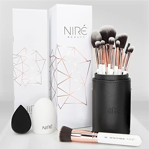 Niré Beauty Make-up-Pinselset, 15-teilig: preisgekrönte vegane Profi-Pinsel mit Etui, Niré make up schwamm, Pinselreiniger, Guide & Geschenkschachtel