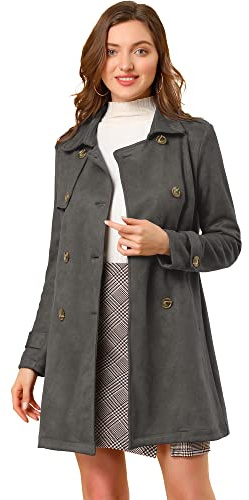 Allegra K Women's Trench Coat Double Breasted Faux Suede Winter Jacket with Belt