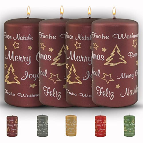 WikaKerzen Weihnachtskerze für Adventskranz - 4er Set 13x7cm - Merry Christmas - Glitzer Stumpenkerze aus hochwertigem Paraffinwachs mit Baumwolldocht - Adventskerze RAL zertifiziert (Burgunda)