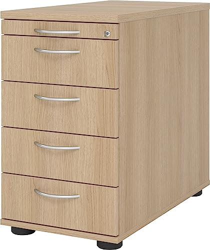 bümö Schreibtisch Schrank abschließbar, Schubladenschrank Holz in Eiche, Container mit Schubladen - Schubladen Schrank Büro, Schreibtisch Container od. Schreibtisch Kommode mit Bogengriffe