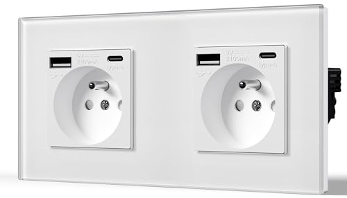 BSEED Prise en verre cristal Murale avec USB et 1 Type C alternatif Multiprise Murale avec USB 2.1A courant 16 Amp 240V 157mm Blanc