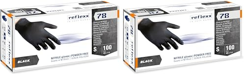 Reflexx R78 Guanti in Nitrile, Senza Polvere, Taglia S, Neri (Confezione da 200 Pezzi)