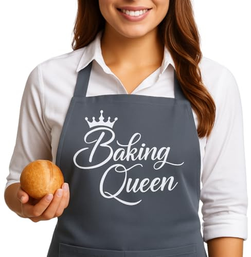 LINEN CLOSET® Baking Aprons for Women Baker Aprons for Men Funny Baking Gifts for Bakers Wife Husband Mother Daughter Kitchen Apron with Pockets- baking queen apron