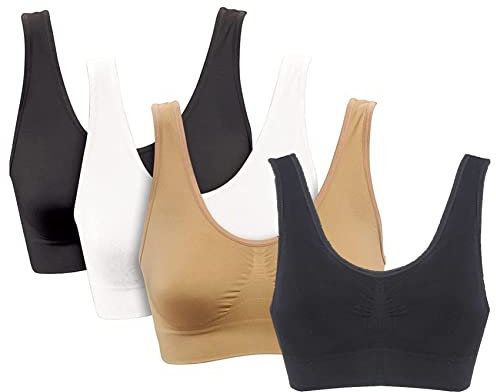 PBE 4 Pack Super Comfort Bra, Thick Double Material Women's Sleep Bras, Sports Bra, Premium Quality, Seamless, No Wires! - 4 Pack Black/White/Nude/Black - XXXX Large