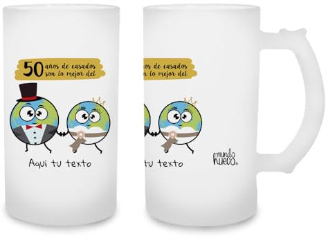 mundohuevo Jarra de cerveza personalizada con texto| La frase “50 años casados son lo mejor del mundo” con el texto que tú quieras” | Capacidad de 500 ml.| Jarra de cristal esmerilado| 80 x 150 mm.