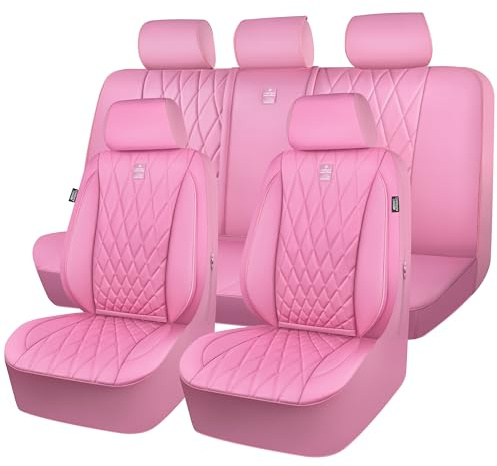 CAR PASS 5 Seats Piping Luxury Leather Seat Covers Full Set, Anti-Slip Waterproof Seat Covers Compatible with Front Armrests, Universal Fit for Suvs,Vans,Trucks,Airbag Compatible, Pure Pink