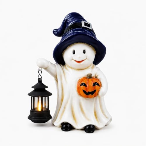 TERESA'S COLLECTIONS Gartendeko für Draußen, Hexengeist mit Solarleuchte | Wetterfeste Halloween Deko aus Kunstharz, Freundlicher Geist mit Kürbis, Halloween Dekoration Outdoor Solar Gartenfigur 27cm