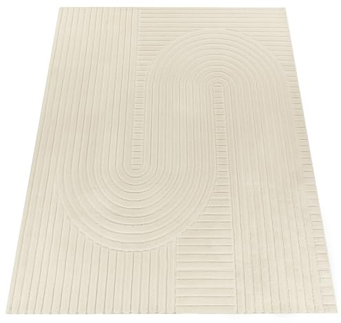 Paco Home Wohnzimmer Teppich, Moderner Kurzflor in Creme, 3D Muster, weich, pflegeleicht, Design Teppich, Schlafzimmer, geometrisch, Grösse:80x150 cm