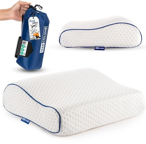 Marcolumb Travel & Camping Comfortable Memory Foam Pillow – Easy to Carry Portable Bag – Temperature Regulating Pillow Case - Perfect for Travelling (White Contour)