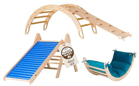 WoodsCraft 4in1 Set: Kletterdreieck mit Rutsche Indoor/Klettern Rampe, Rollenrutsche & Kletterbogen | Holz Montessori Klettergerüst Indoor Spielgeräte | Klettern Kinder Indoor & Klettern Baby