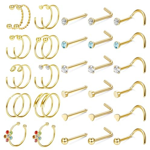 Dochais 36 Stück Nasenstecker L Form, Nasenstecker Edelstahl, Nasenring Gold, Nasenpiercing Stecker Klein, Nasenring Piercing Set, Nasenringe Hoop Septum Ringe für Frauen Männer 20G
