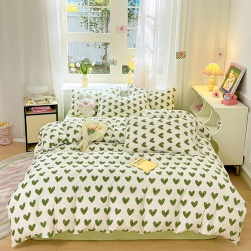 Nayoroom Bettwäsche 155x220 Herzen Weiß Grün Herzchen Muster Bettwäsche Set Weich Kuschelig Gewaschene Microfaser Bettbezug und Kissenbezug 80x80 cm mit Reißverschluss