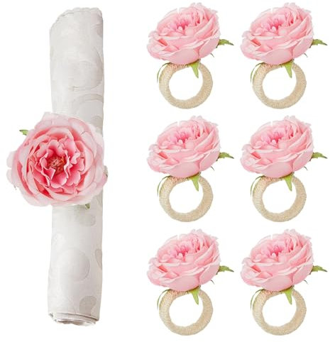 Belupai 6 Stück Künstliche Rosenblüten-Serviettenringe, Handgefertigte Florale Serviettenhalter, Künstliche Blumen, Serviettenringe, Schnallen für Hochzeit, Bankett, Weihnachten,(Rosa)
