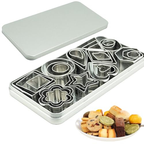 Mini Cookie Cutter Set - 30 Small Molds,Cookie Cutters, to Cut Pastry Dough, Pie Crust & Fruit Metal Stamps Star Flower Hexagon Round Heart Square Triangle Oval Raindrop Cutter