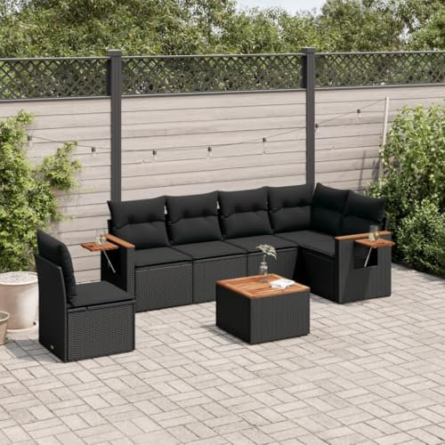 THOYTOUI 7-TLG. Garten-Sofagarnitur, Gartenset Tisch und stühle Garden Furniture Sets Gartengarnitur Set Garten essgruppe Geeignet für Balkon Garten Veranda Terrasse mit Kissen Schwarz Poly Rattan
